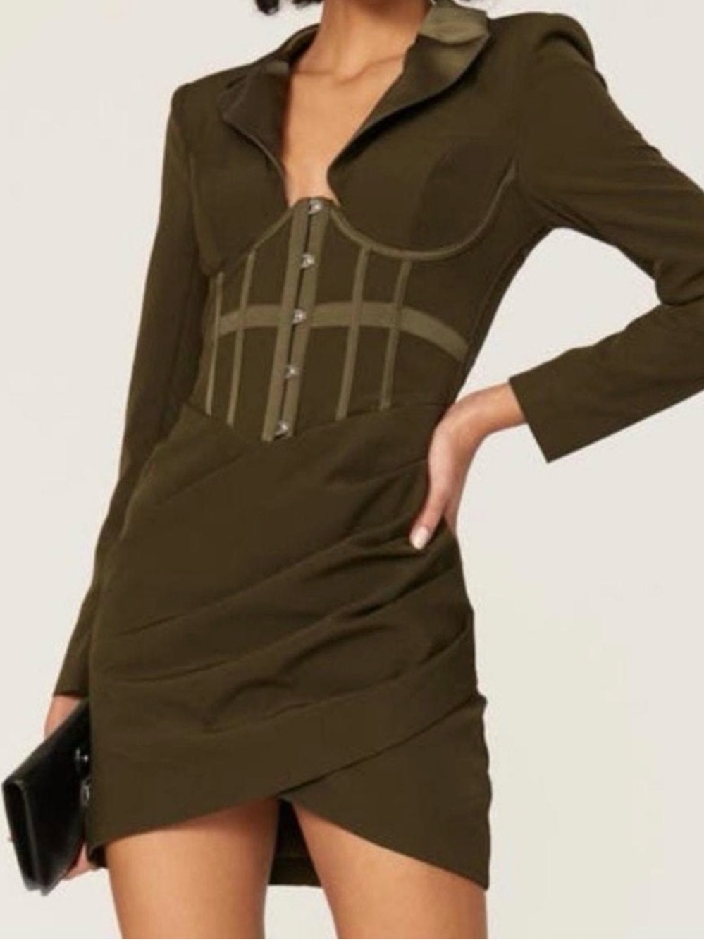 Olive green dress military style fitted corset top satin lapel smocked bodycon 0